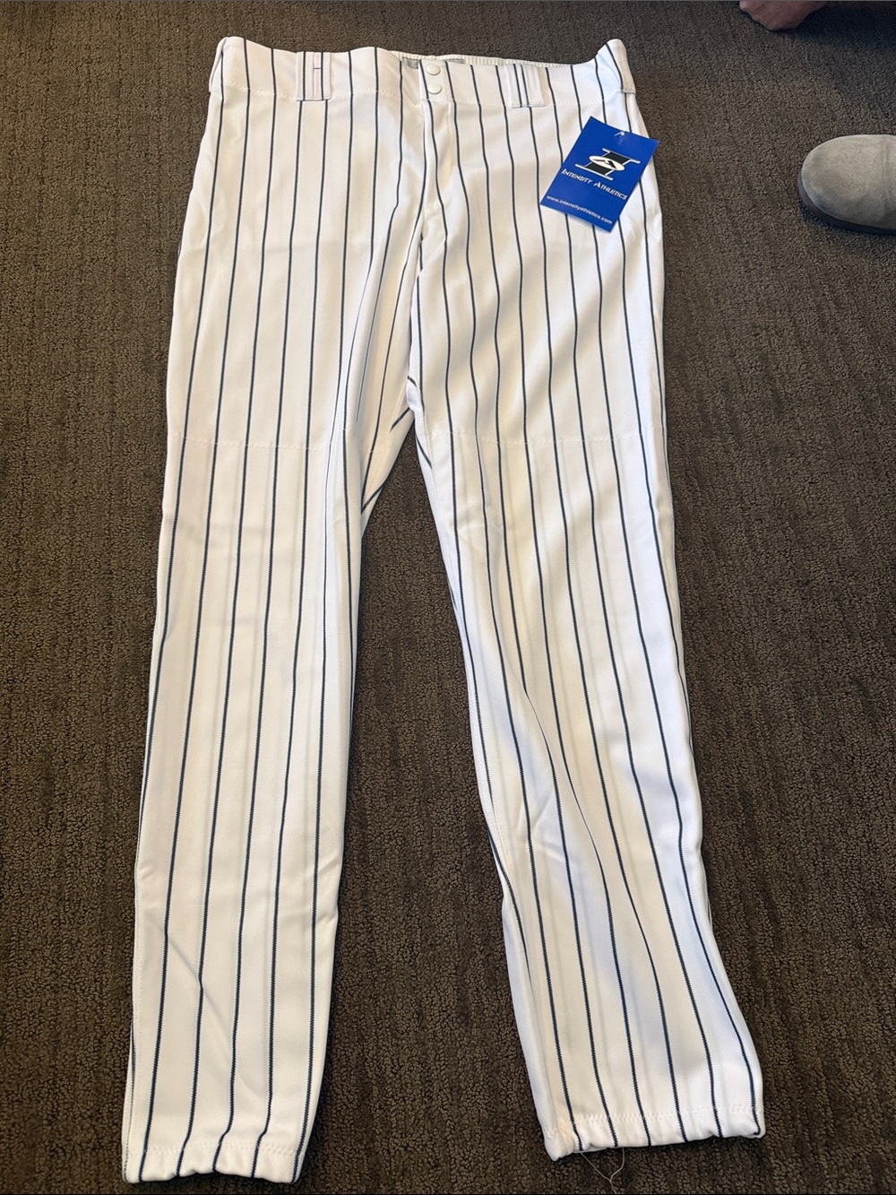Men's White Baseball Pants with Navy Pinstripes
